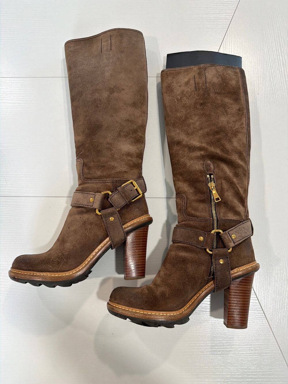 PRADA Calzature Donna Suede Platform Heel Brown Boots Size 37.5